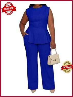 Plus Size 2 Piece Outfit Peplum Tank Top Wide Leg Pants Suit Set